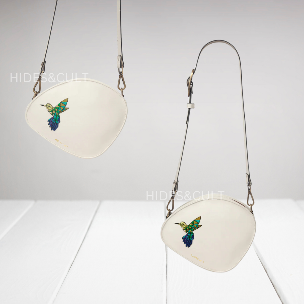 Handcrafted White - Kingfisher Origami Art Embroidered Genuine Leather Sling Bag