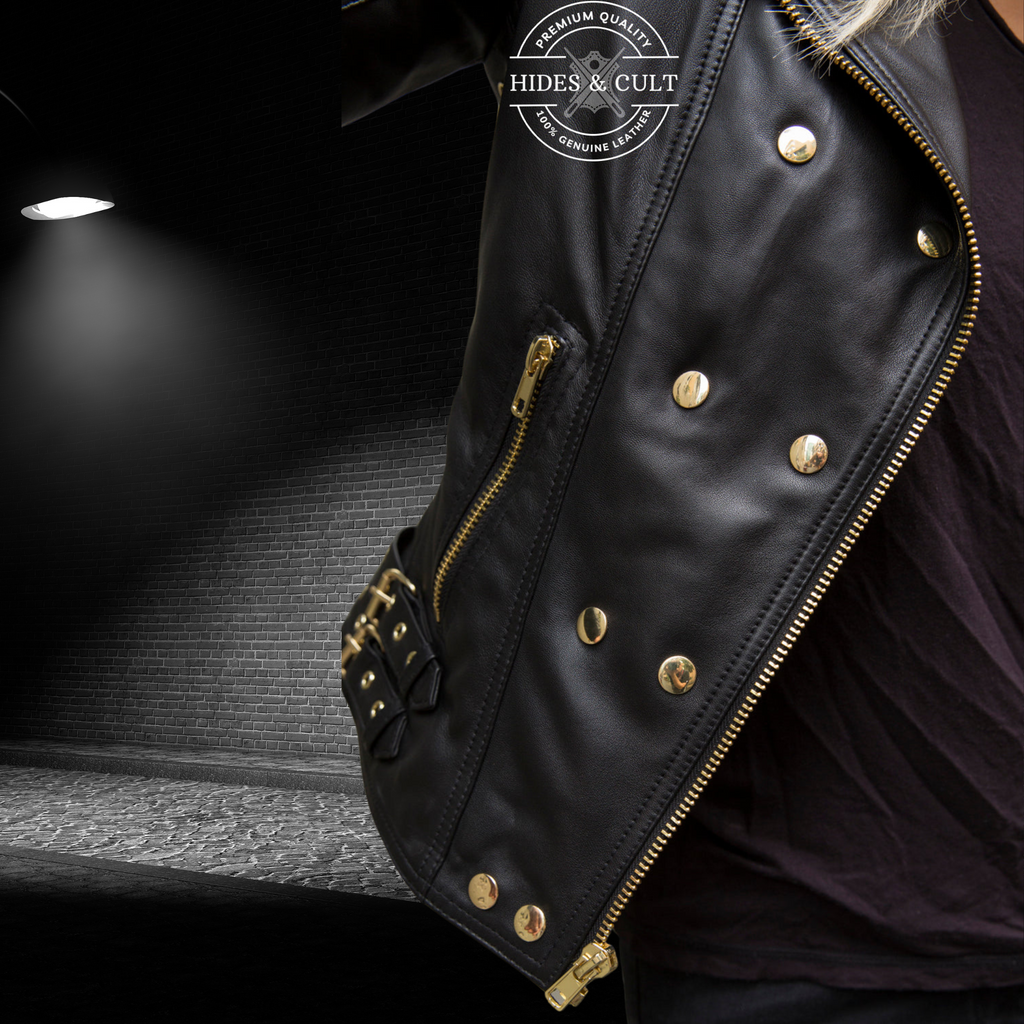 Womens Black Gold Plated Hardware Quilted Effect Genuine Leather Jacket