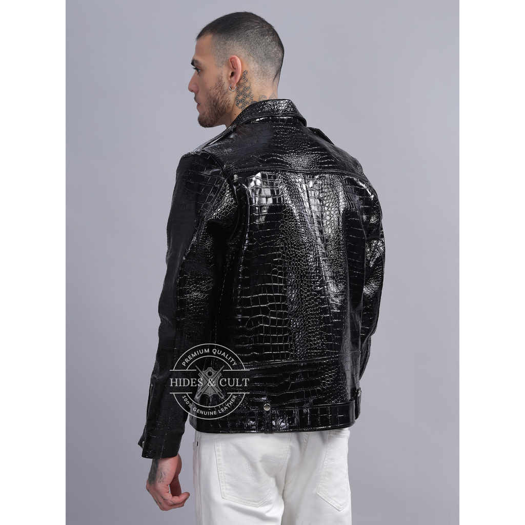 Mens Black Patent Croc Effect Motorcycle Biker Genuine Leather Jacket