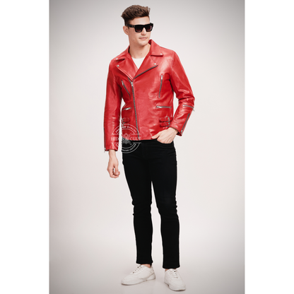 Mens Blood Red Slim Fit Motorcycle Biker Leather Jacket