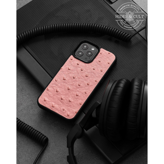 Luxury Pink Ostrich Print Shockproof Genuine Leather Iphone Case