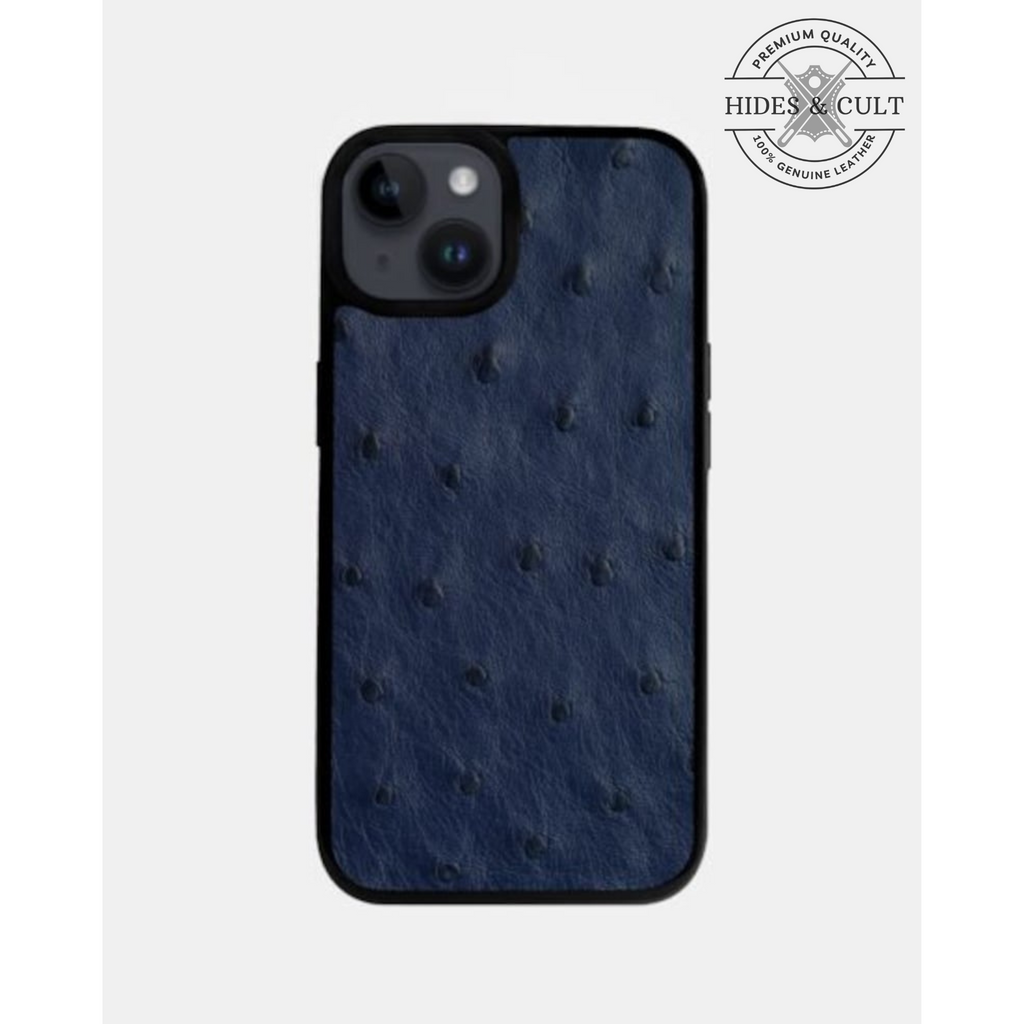 Luxury Blue Ostrich Print Shockproof Genuine Leather Iphone Case