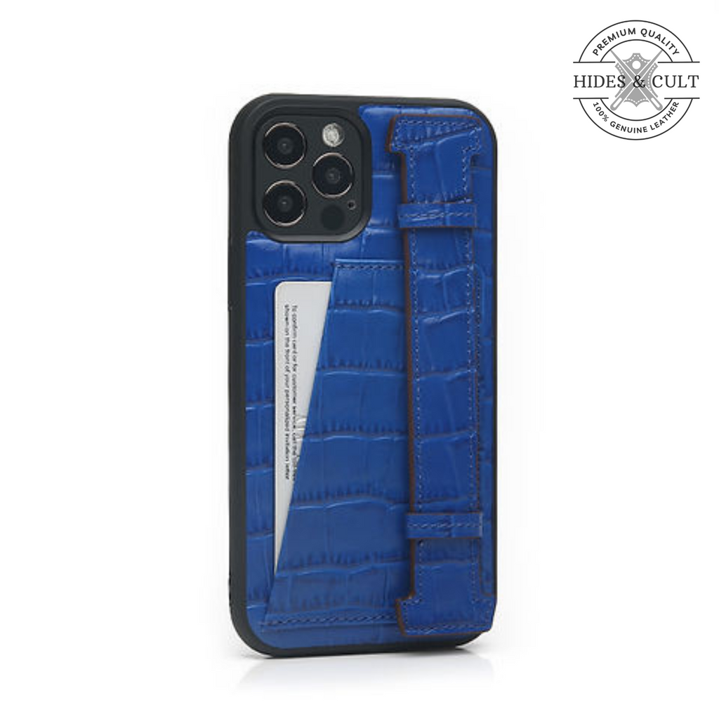 Luxury Brown - Blue Croc Embossed Shockproof Genuine Leather Iphone Case with Handle