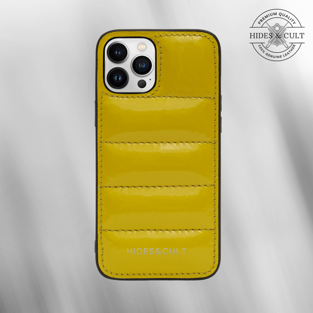 Luxury iPhone Puffer Case - Yellow Patent Quilted Genuine Leather Iphone Case