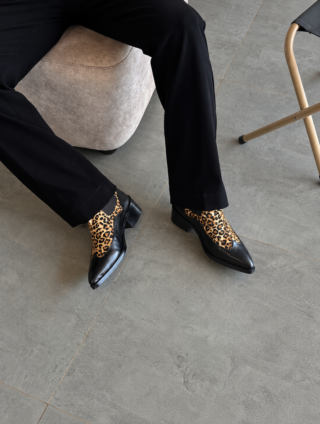 Handmade Black with Leopard Hair On Pointed Toe Cuban Heel Genuine Leather Boots Men | Hides&Cult