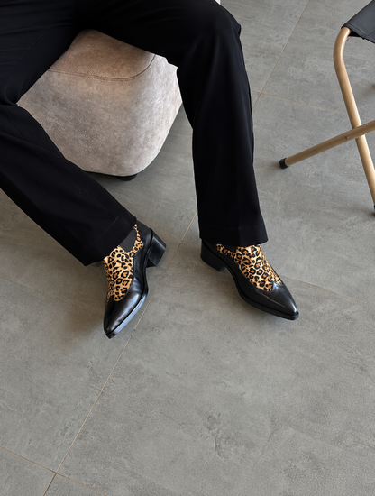 Handmade Black with Leopard Hair On Pointed Toe Cuban Heel Genuine Leather Boots Men | Hides&Cult