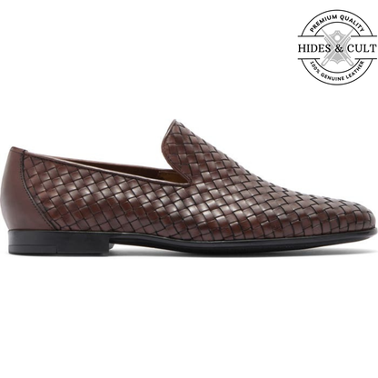 Brown Woven Party-wear Leather SlipOn Loafers | Hides&Cult