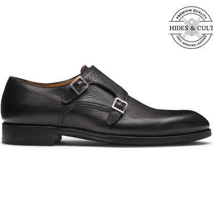 Black Milled Double Monk Strap Leather Shoes | Hides&Cult