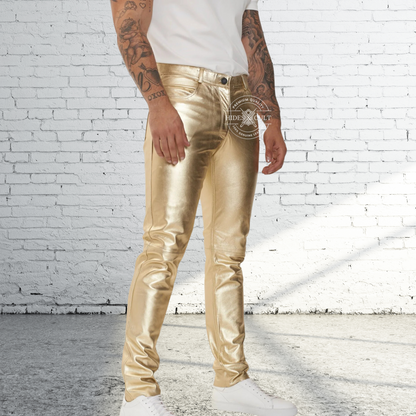 Mens Gold Metallic Foil Effect Genuine Soft Lamb Leather Pants