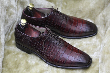 Croco Textured Lace Up Shoes - Burgundy | Hides&Cult
