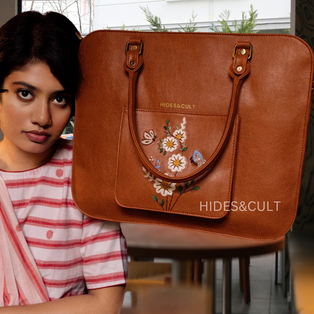 Handcrafted Tan - White Daisy Garden Embroidered Genuine Leather Laptop Bag