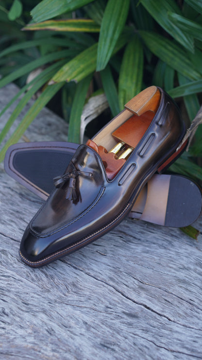 Dark Brown Hand Painted Patina Tassel Loafers | Hides&Cult