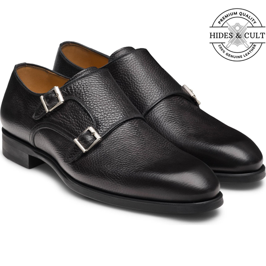 Black Milled Double Monk Strap Leather Shoes | Hides&Cult