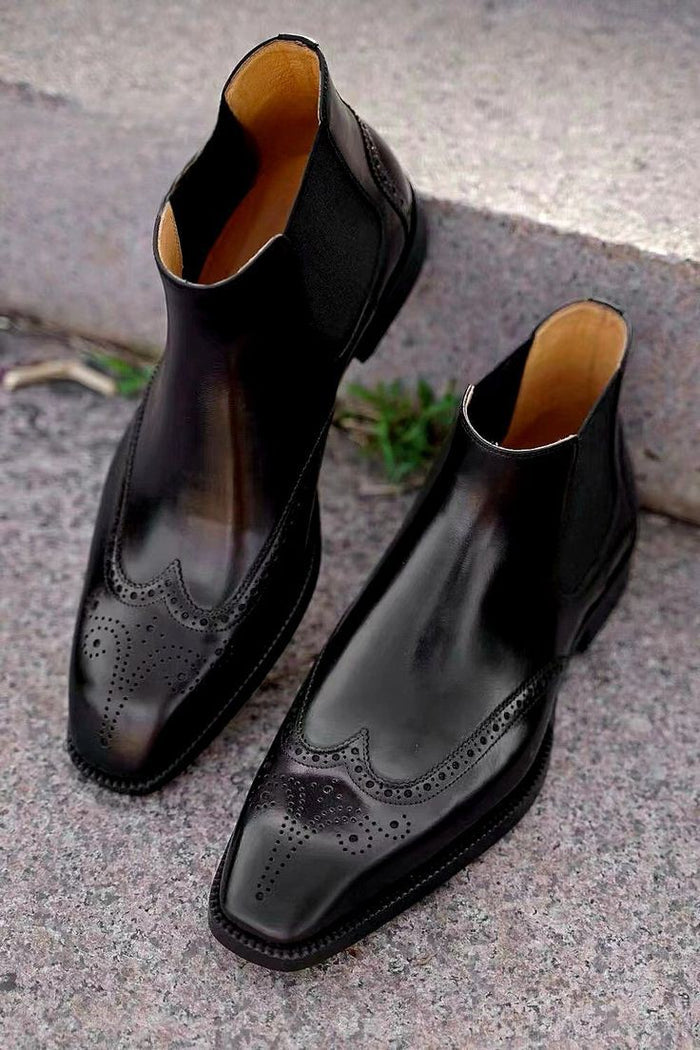 Black Classic Italian Brogue Chelsea Boots | Hides&Cult