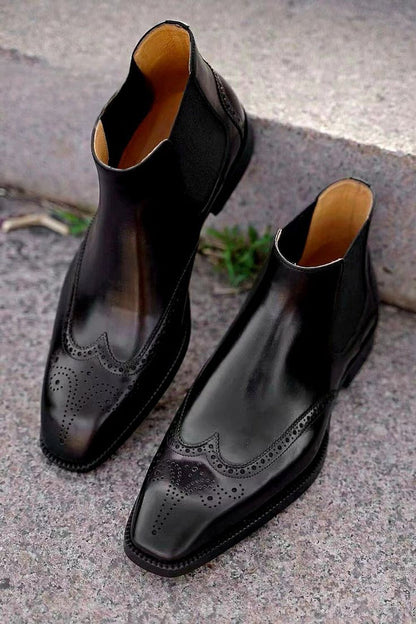 Black Classic Italian Brogue Chelsea Boots | Hides&Cult