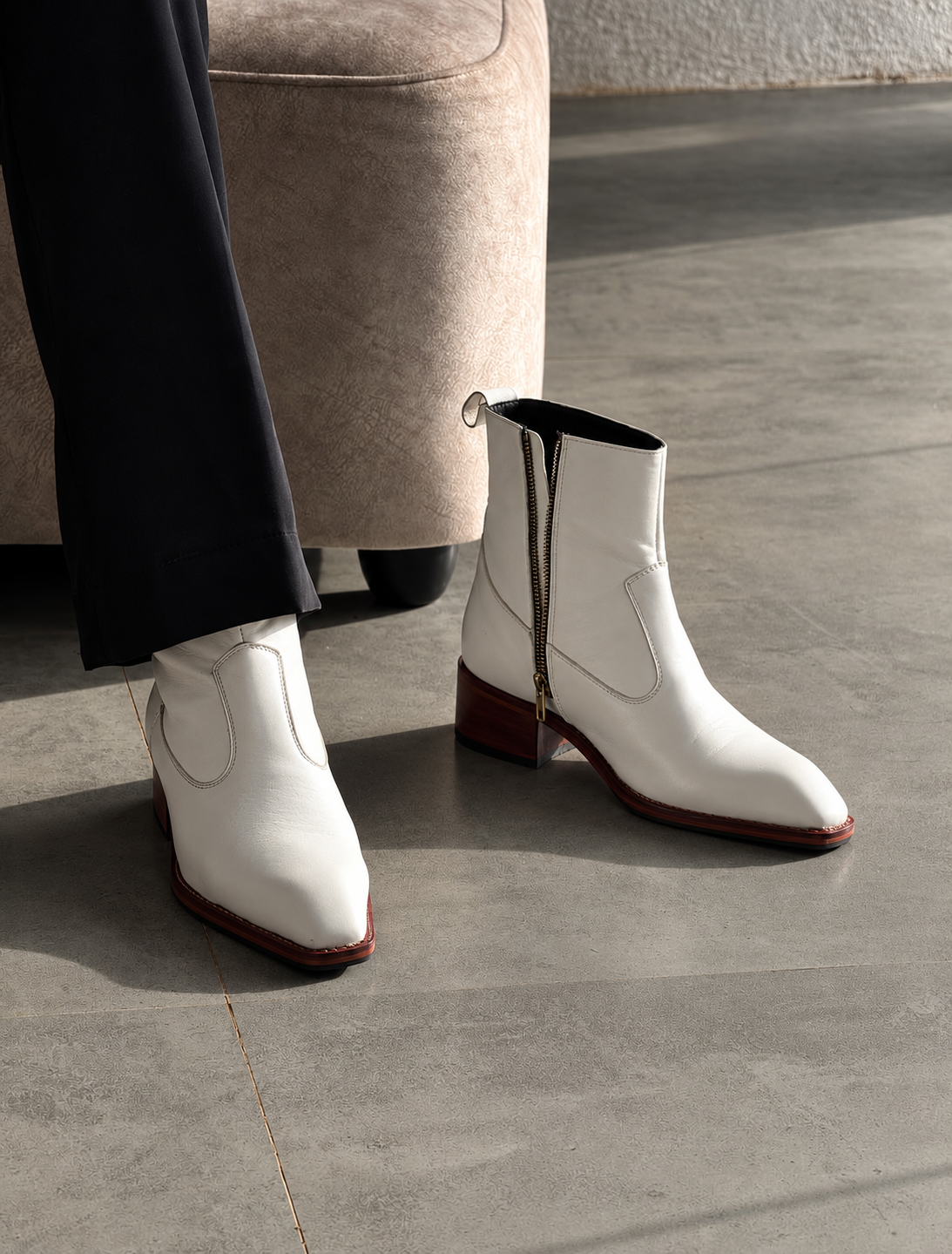 Handmade White Wooden Heal High Ankle Side Zip Genuine Leather Cuban Heel Boots Men | Hides&Cult
