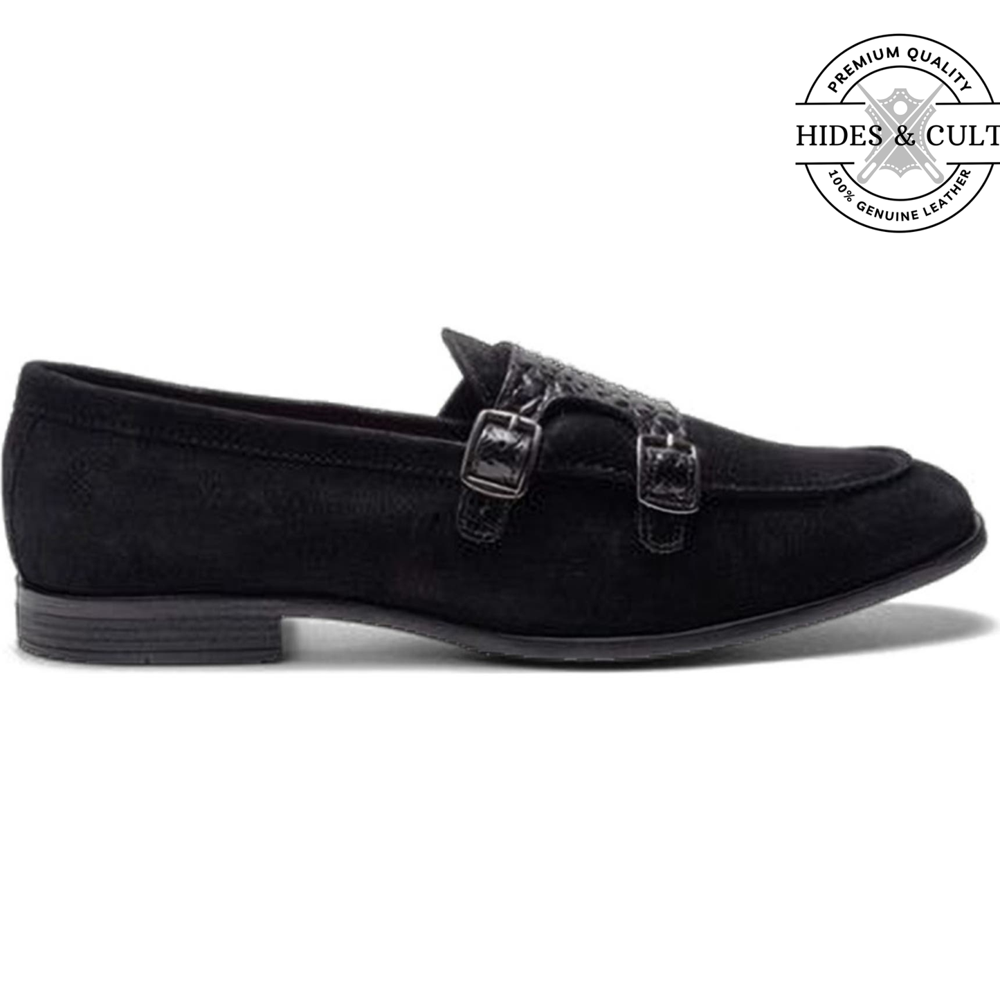 Black Suede - Black Croc Double Monk Strap SlipOn Loafers | Hides&Cult