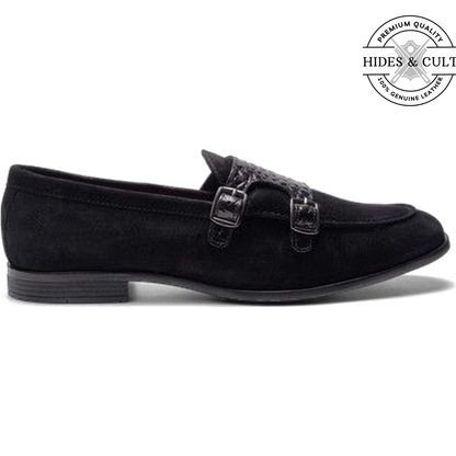 Black Suede - Black Croc Double Monk Strap SlipOn Loafers | Hides&Cult