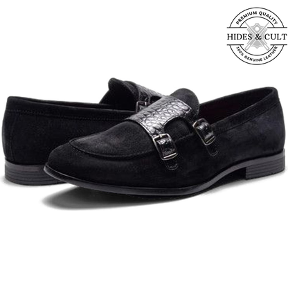Black Suede - Black Croc Double Monk Strap SlipOn Loafers | Hides&Cult