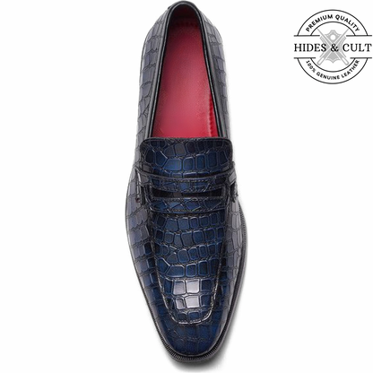 Blue Tone Croc Leather Moccasin Loafers | Hides&Cult