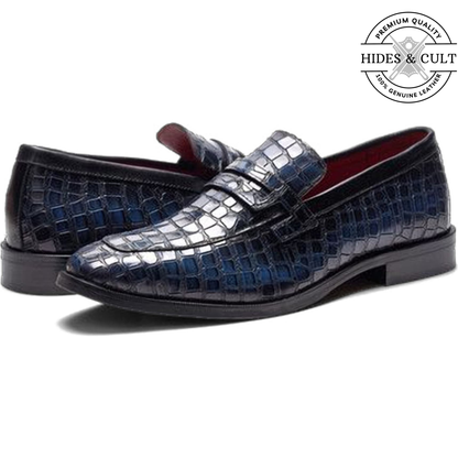 Blue Tone Croc Leather Moccasin Loafers | Hides&Cult
