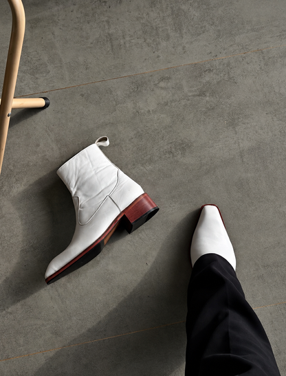 Handmade White Wooden Heal High Ankle Side Zip Genuine Leather Cuban Heel Boots Men | Hides&Cult