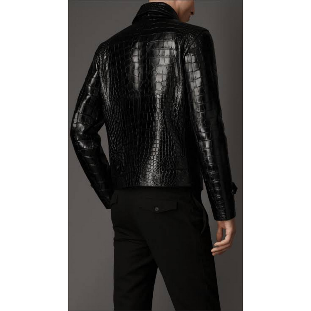 Back View of Men's Black Croc Embossed Effect Leather Jacket – Luxury Real Leather Jacket with Croc Texture, Trendy Fashion Outerwear for Men