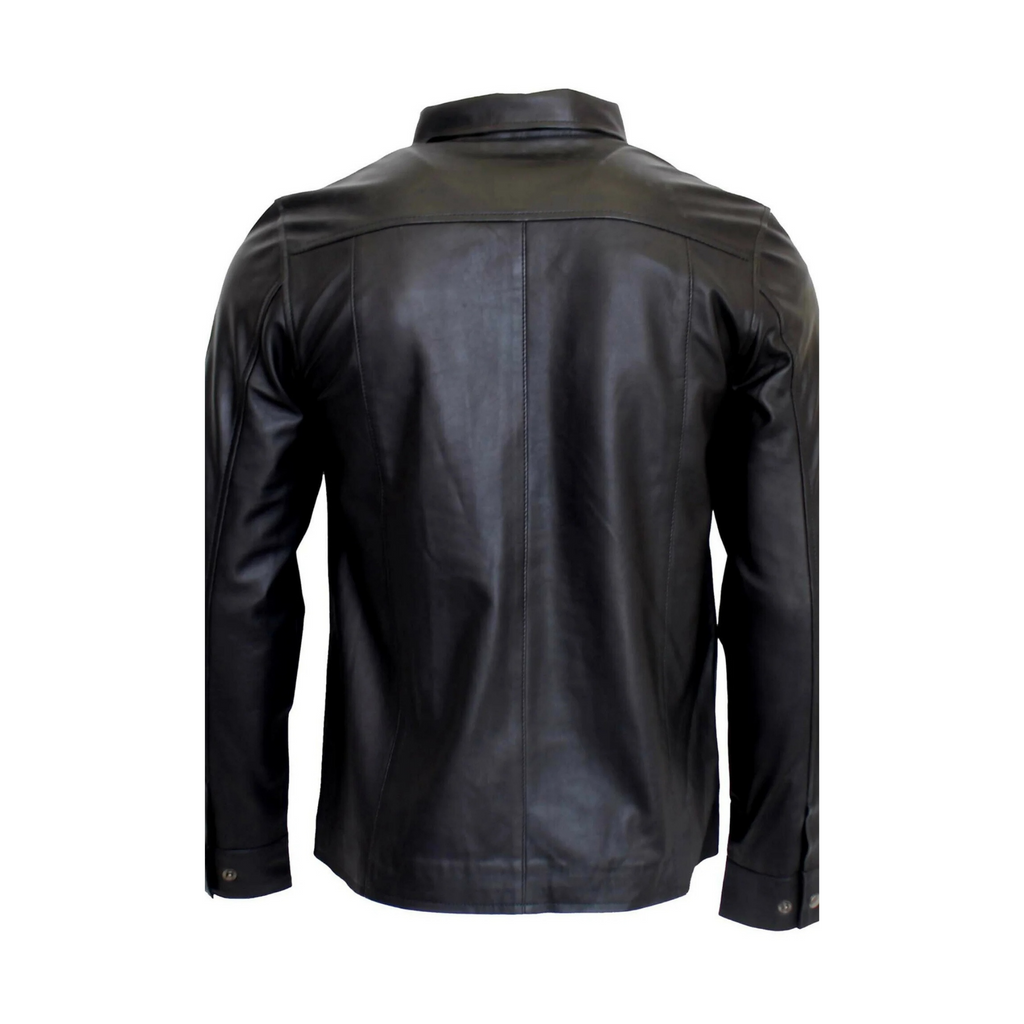Back View of Men's Black Nappa Leather Denim Shirt – Sleek Real Leather Shirt for Men with Classic Denim Style, Premium Quality Fashion