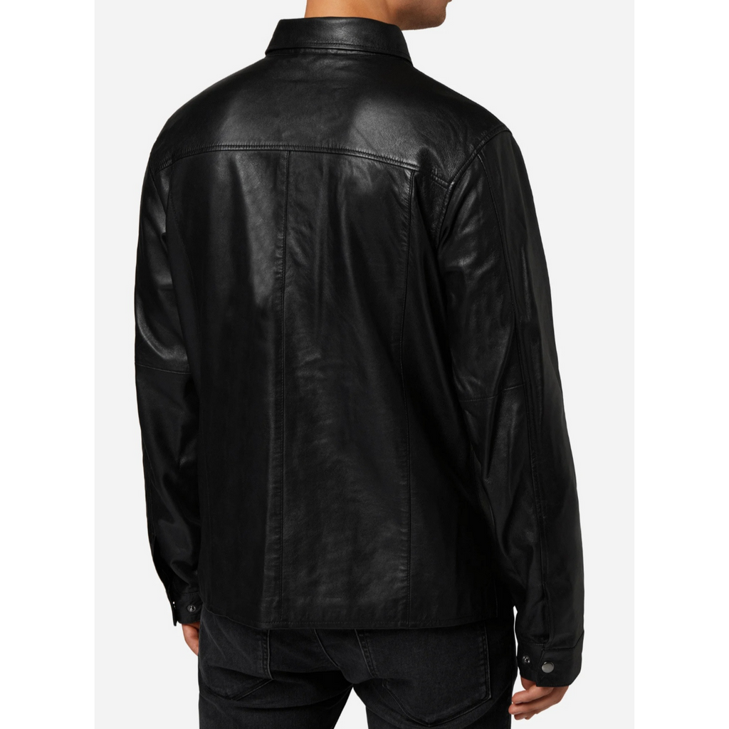 Back View of Men's Black Nappa Leather Denim Shirt – Sophisticated Real Leather Shirt with Classic Denim Shirt Design