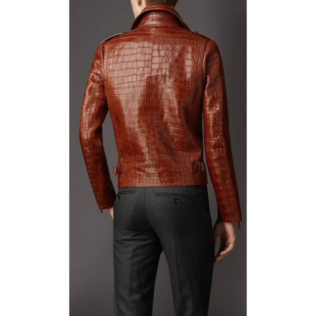 Back View of Men's Vintage Tan Brown Croc Embossed Leather Jacket – High-End Fashion with Unique Croc Texture and Real Leather for Men