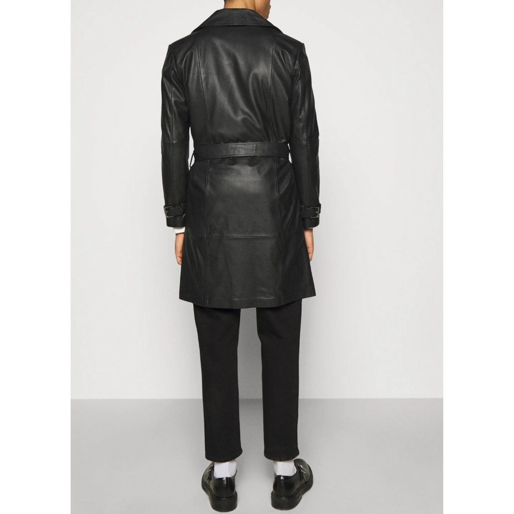 Back full view of men's black belted genuine leather trench coat with long silhouette, structured shoulders, and waist belt detail
