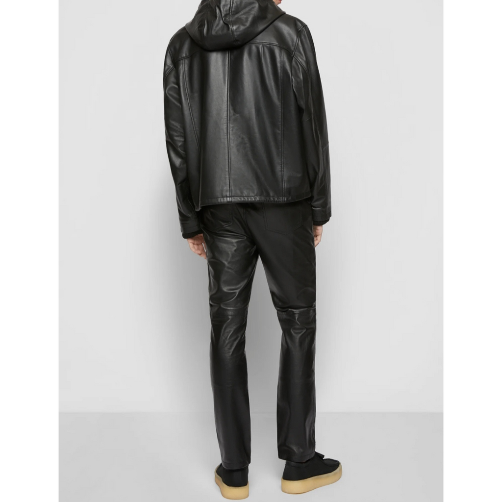 Back full view of model wearing men's black bomber style hooded genuine leather sweatshirt and leather pants, showcasing sleek design and premium leather craftsmanship – Hides & Cult