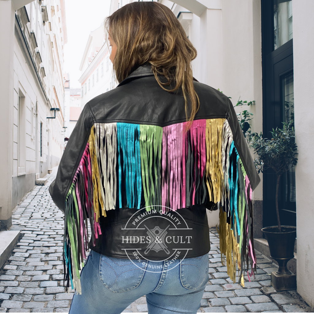 Back look of black leather jacket featuring rainbow metallic foil fringe and gold hardware