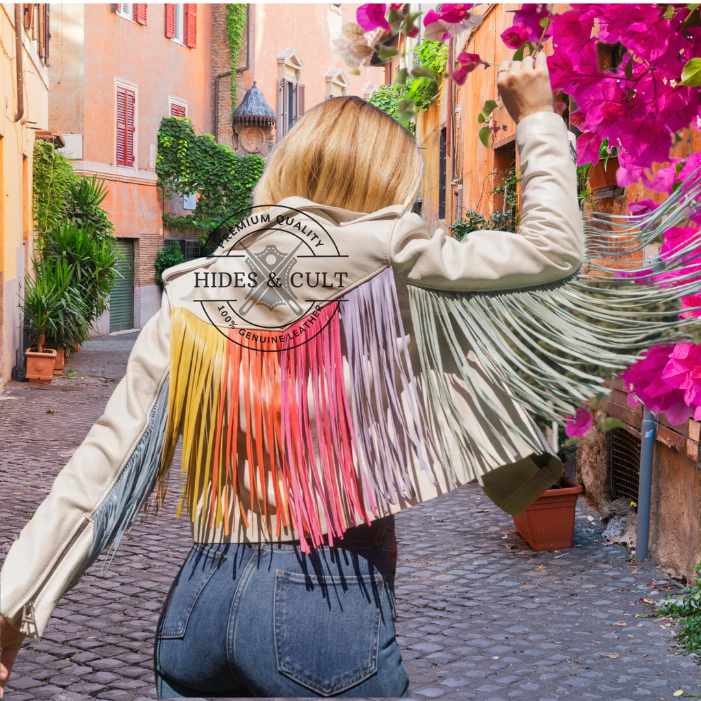 Back look of womens off white leather jacket featuring rainbow nappa fringe details