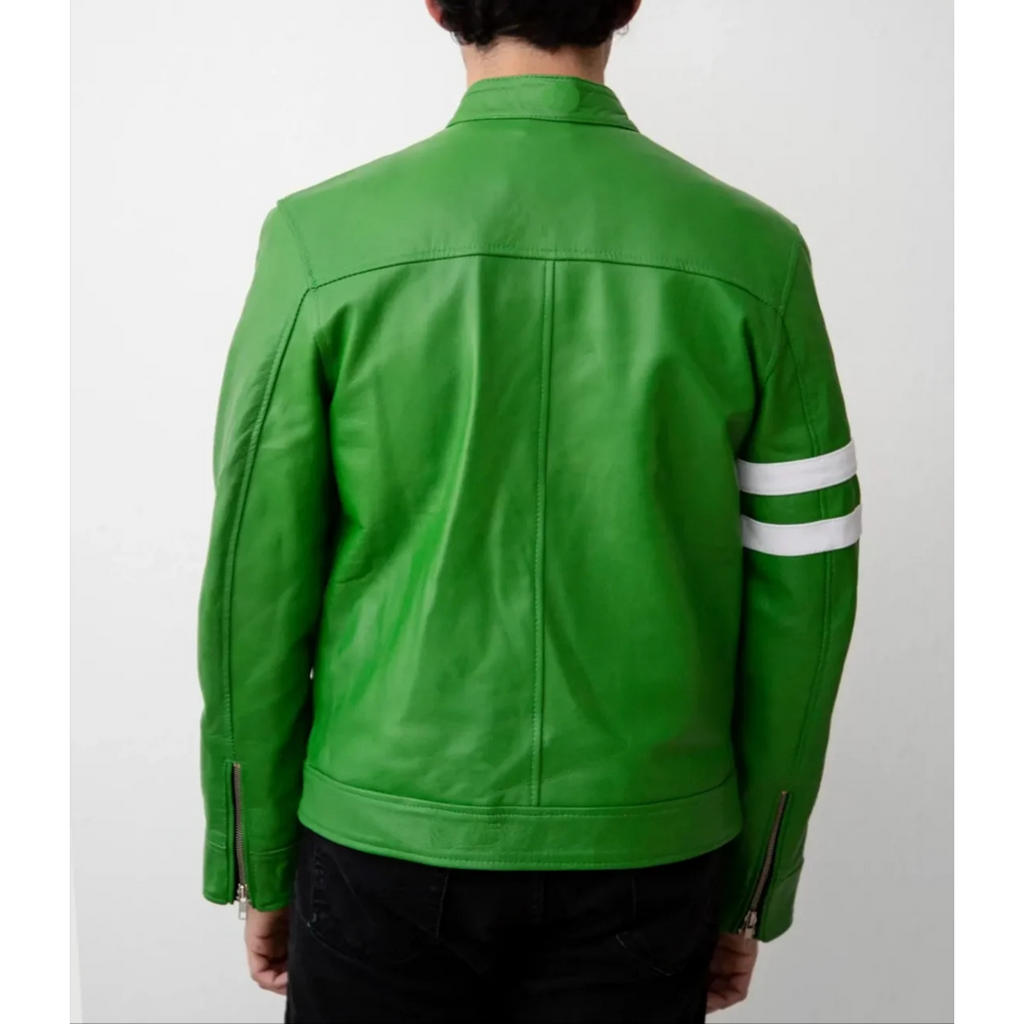 Back view of Men's Ben 10 Inspired Leather Jacket – Eye-catching leather jacket with vibrant Ben 10 graphics and premium craftsmanship