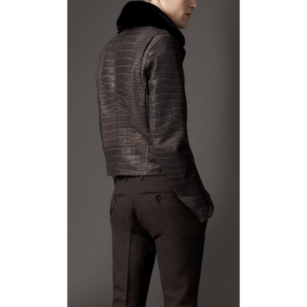 Back view of Men's Brown Croc Embossed Lambskin Leather Jacket with Fur Collar – High-quality lambskin leather jacket with stylish fur collar and croc-embossed detailing