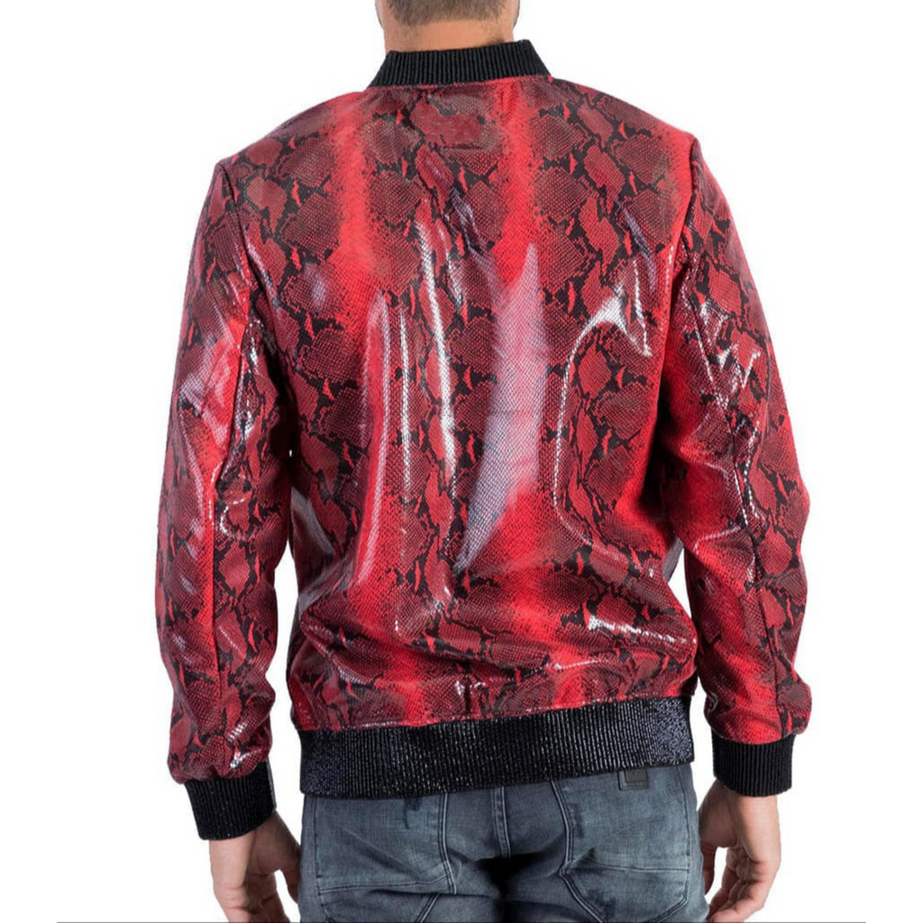 Back view of Men's Red Snake Print Foil Genuine Lambskin Leather Bomber Jacket - Unique Snake Print Foil Design on Premium Lambskin Leather with Tailored Fit