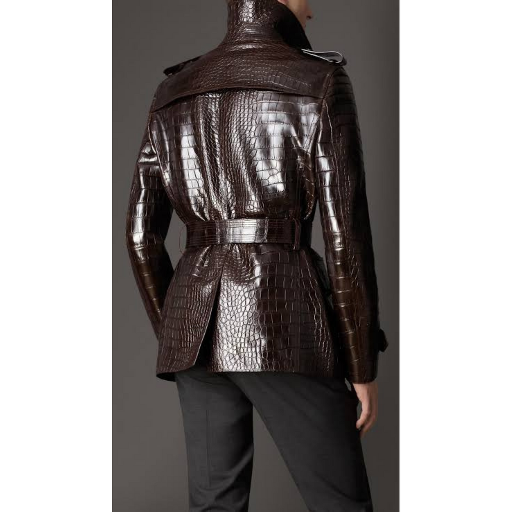 Back view of Men's Rich Brown Croc Embossed Leather Trench Coat – Sleek back panel with croc embossing, waist belt, and clean trench silhouette