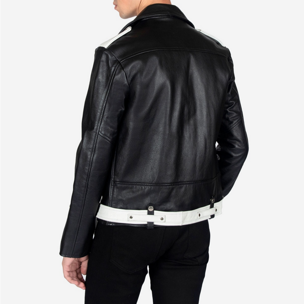 Back view of men's black-white two tone leather biker jacket with belted waist