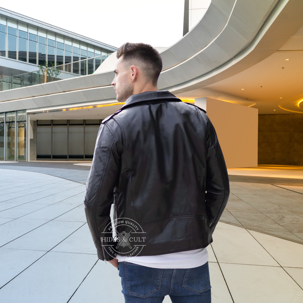 Back view of men's black and white fur collar motorcycle biker jacket, featuring a sleek design and high-quality leather for a bold, rugged look – Hides & Cult