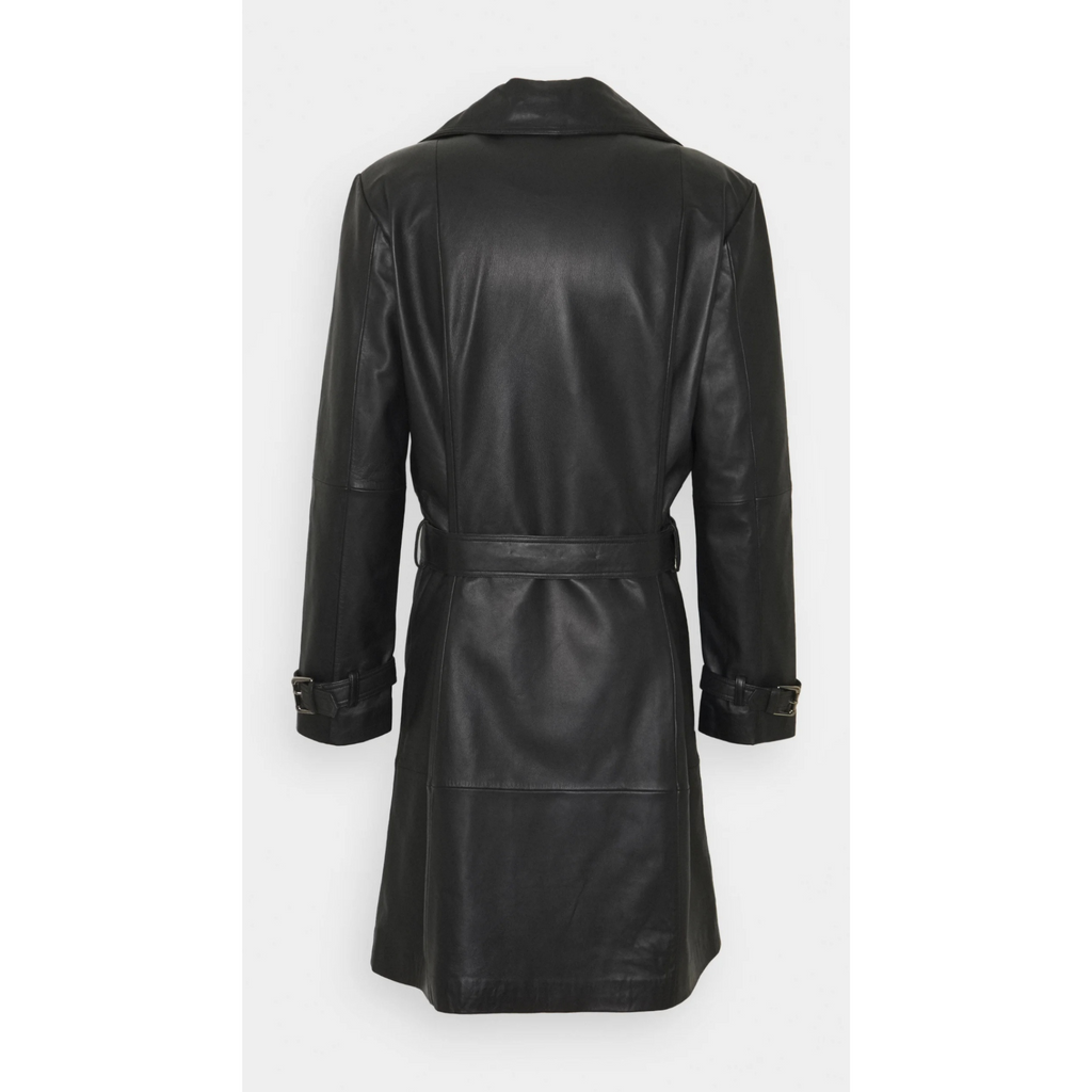 Back view of men's black belted leather car coat with long hem, classic trench silhouette, and smooth genuine leather finish
