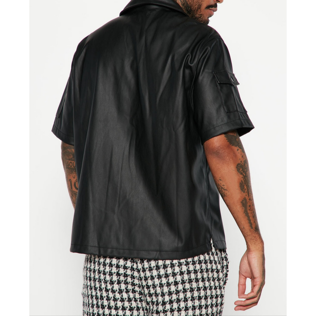 Back view of men's black genuine leather shirt, featuring a tailored design and luxurious leather craftsmanship