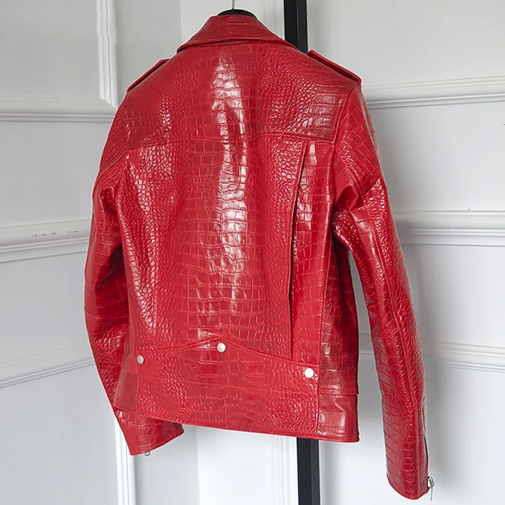 Back view of men's red croc-effect leather motorcycle jacket with embossed texture and streamlined fit