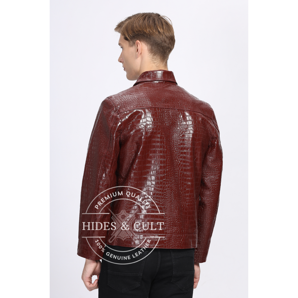 Back view of premium burgundy crocodile-pattern genuine leather jacket for men by Hides & Cult

