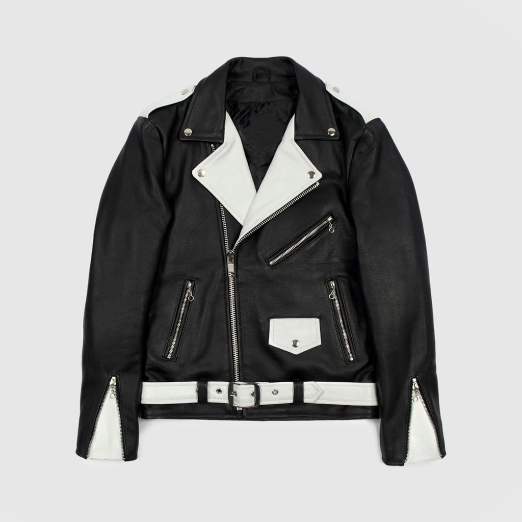 Black and white two tone slim fit biker leather jacket flat lay with belted style