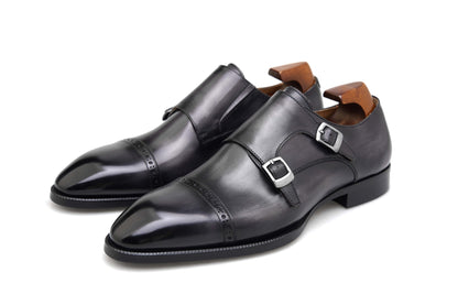 Grey Patina Double Monk Strap Shoes - Round Toe | Hides&Cult