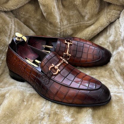 Croco Slip On Horse-bit Loafers - Brown | Hides&Cult