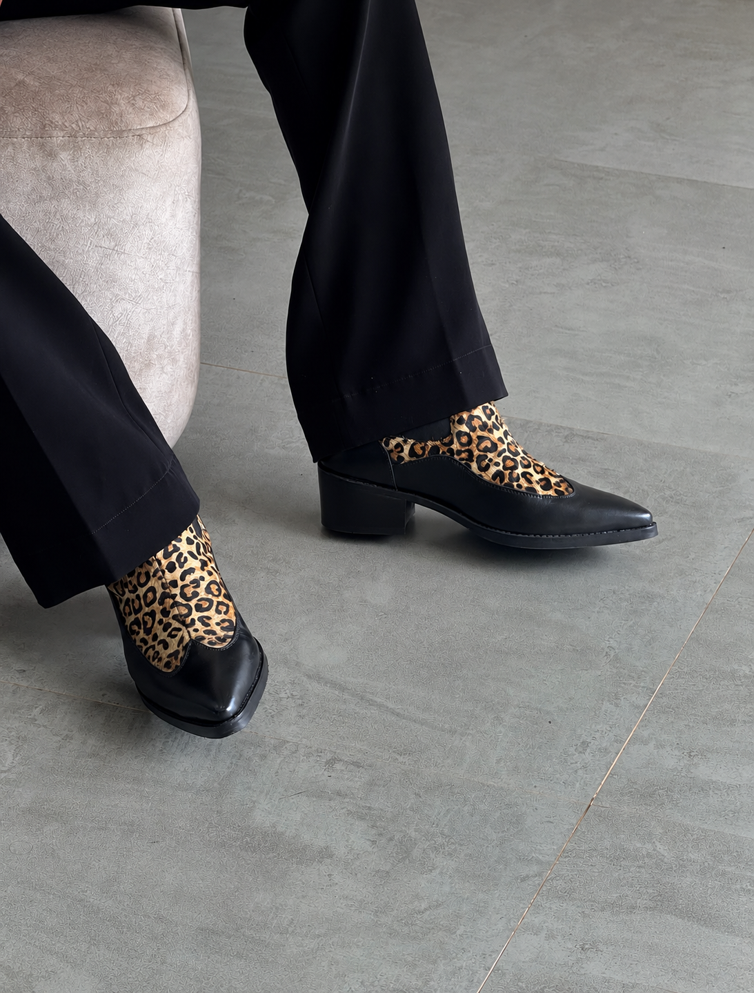 Handmade Black with Leopard Hair On Pointed Toe Cuban Heel Genuine Leather Boots Men | Hides&Cult