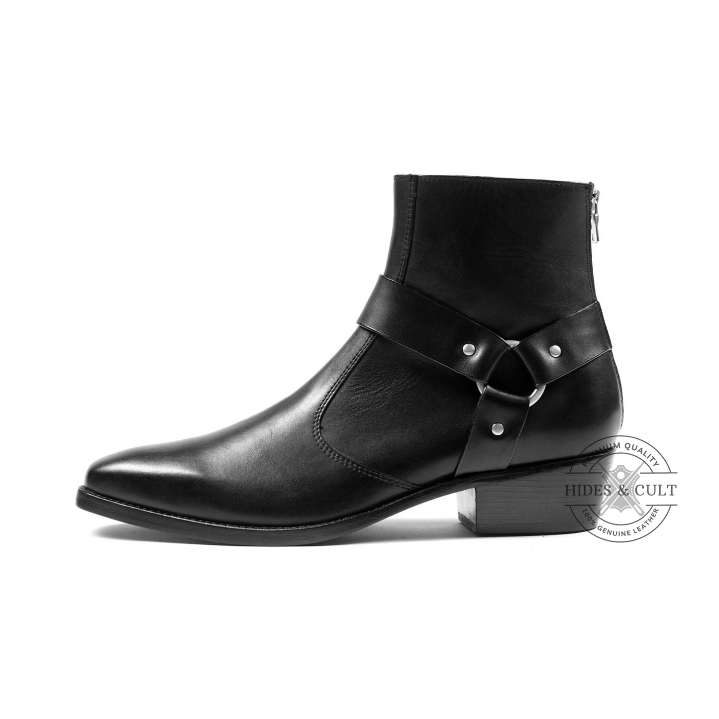 Black Genuine Leather Nickel Harness Chelsea Boots Cuban Heel Men | HidesandCult