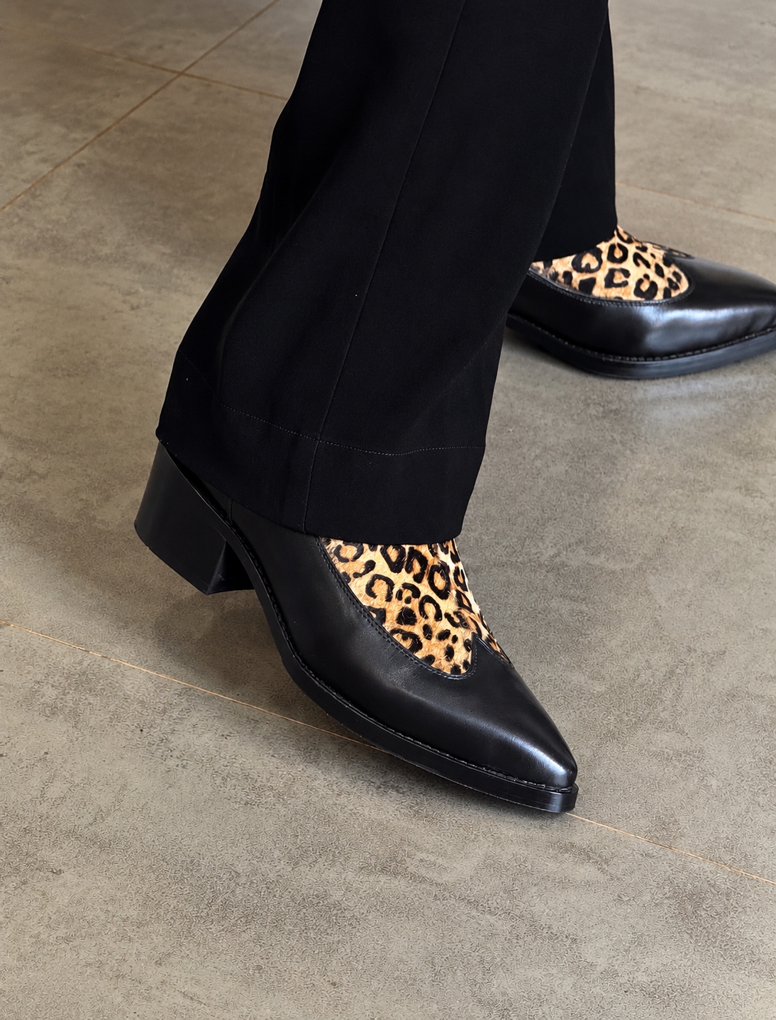 Handmade Black with Leopard Hair On Pointed Toe Cuban Heel Genuine Leather Boots Men | Hides&Cult